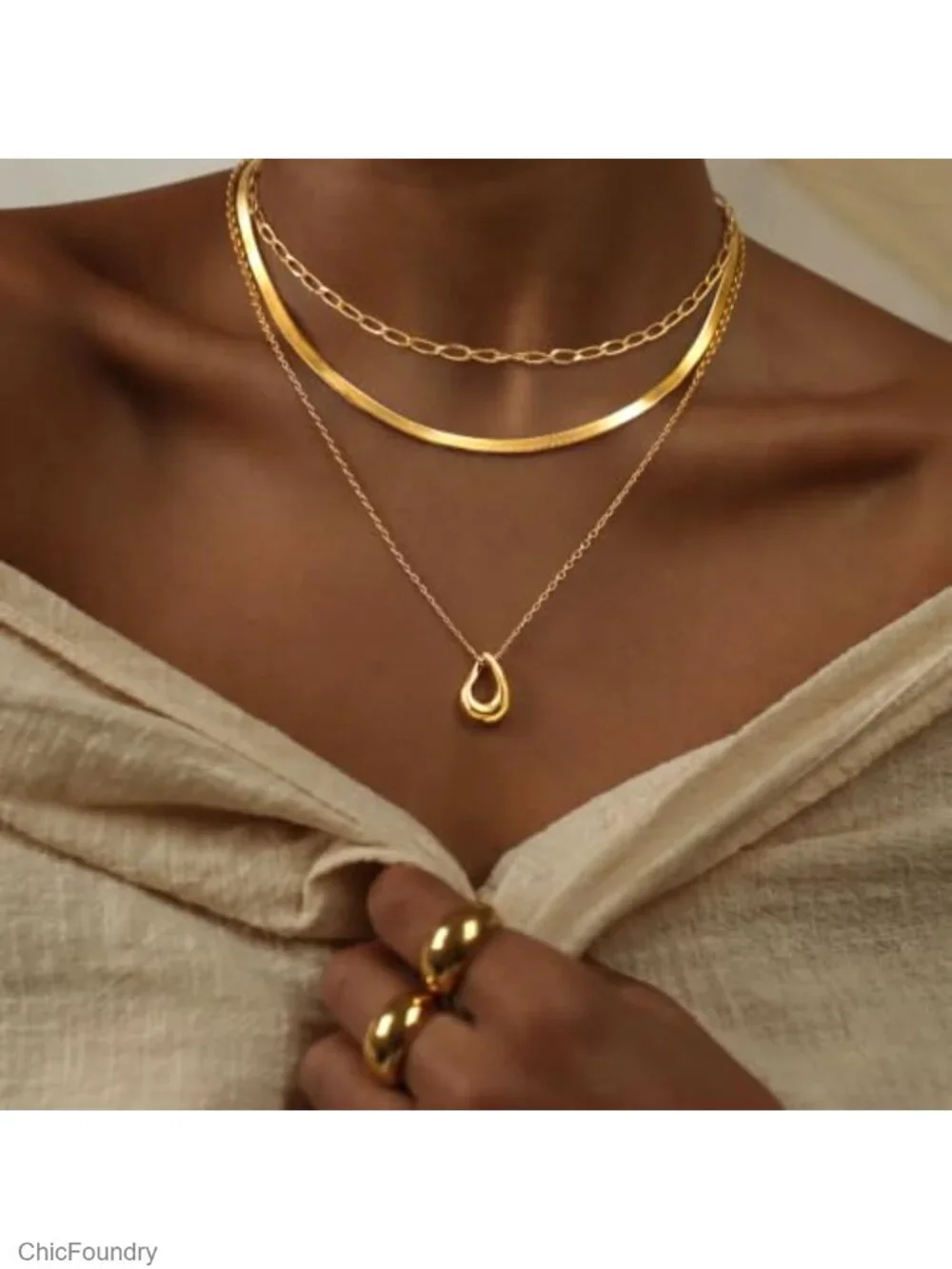 14k Gold Plated Layered Necklace Set with Paperclip Herringbone and Twisted